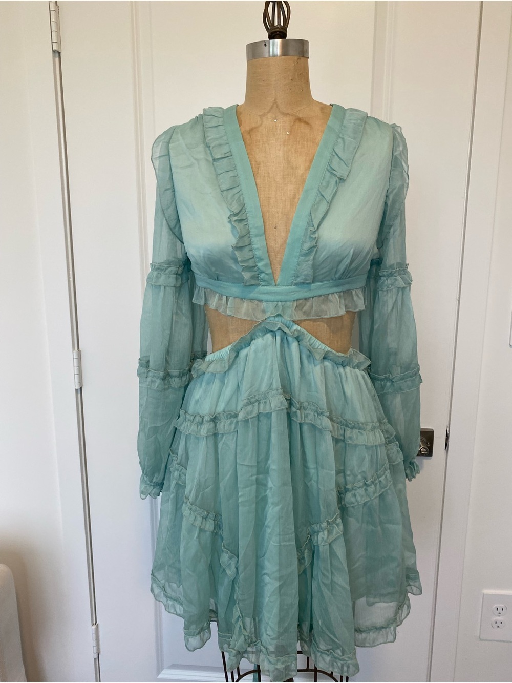 Luxxel Dusty Aqua Backless Ruffle Mini Dress